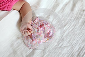 New Born Baby Hand with Pink Color Gloves