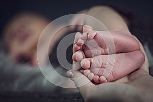 New born baby`s feet in mother hands, sleeping baby in the background