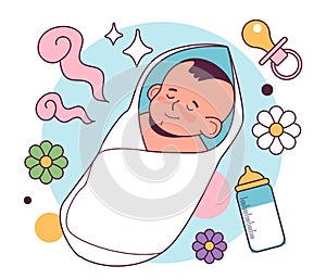 New born baby sleeping in a blanket. Cute baby, cheerful character wrapped