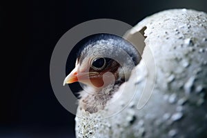 A new born bird looking out of an egg shell created with generative AI technology