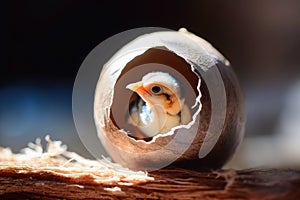 A new born bird looking out of an egg shell created with generative AI technology