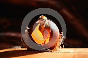 A new born bird looking out of an egg shell created with generative AI technology