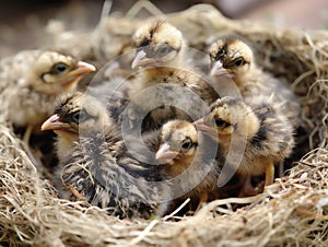 New born chicks in a nest on a farm. Selective focus. Made with Generative AI