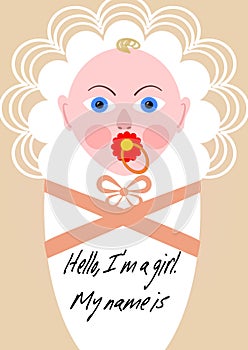 New born girl announcement template, baby cartoon in pink design