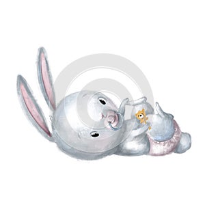 New born rabbit with clack and pacifier, hand drawn illustration, lovely clipart with cartoon character