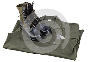 New brand US army utility uniforms shirt and jungle boots with dog tags