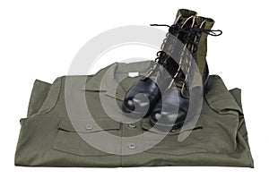 New brand US army utility uniforms shirt and jungle boots with dog tags