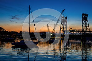 New bridge construction on a Clyde River at night. Batemans Bay, NSW, Australia