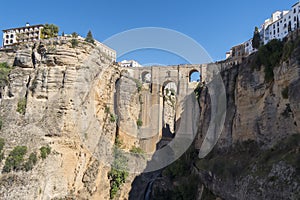 New Bridge over Guadalevin River in Ronda, Malaga, Spain. Popular landmark in the evening