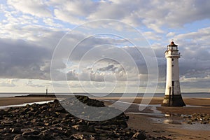 New Brighton Lighthouse at the confluence of the River Mersey and Liverpool Bay, United Kingdom,