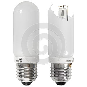 a new and broken galagen light bulb on a white background