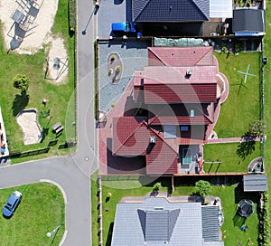 New building settlement with houses and properties with gardens, aerial photo