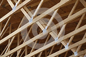 A new building  under construction with pattern of roof rafters