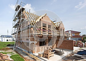 New built roof on residential house in construction