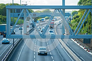 new built smart motorway traffic sign holder structure over moving traffic in england uk