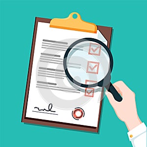 New busienss contract and magnifier Checklist flat icon. Document with green ticks checkmarks. Checklist and pen.