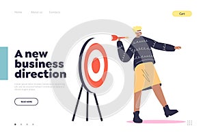 New business direction concept of landing page with blindfold woman holding arrow in wrong direction