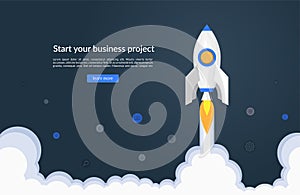 New business project startup concept. Space rocket launch. Vector illustration. Flat design style