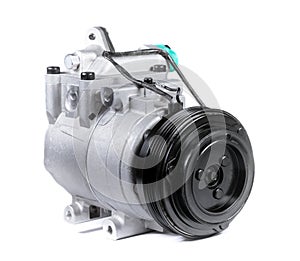 New car air conditioning compressor on isolated white background photo