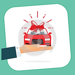 New car gift badge vector, auto present with bow, dealership