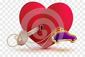 New car is key to heart of your beloved. Red heart shape lock and key