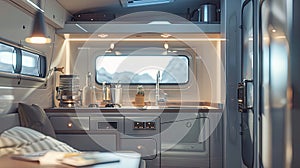 the new car motorhome, sleek white and gray color scheme, with a light-colored solid wood kitchenette cabinet and air