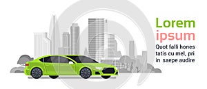 New Car Over Silhouette City Buildings Background With Copy Space