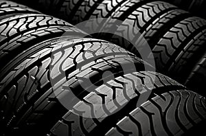 New car tire. Road wheel on dark background. Summer Tire with asymmetric tread design. Driving car concept