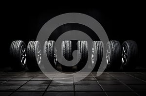 New car tires. Group of road wheels on dark background. Summer Tires with asymmetric tread design. Driving car concept