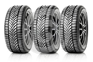 new car tyres on a white background, studio shoot, road safety concept