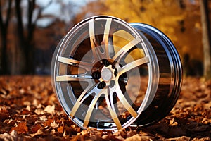 new car wheel, alloy rim in autumn forest with bright yellow leaves