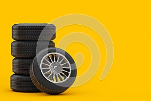 New Car Wheel Tires Pile. 3d Rendering