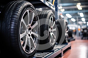 New car wheel and tires on tire storage rack for sale at tyre store. Balck rubber car tire with modern tread at auto repair