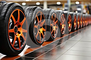 new car wheels with alloy rims are arranged in rows on the store shelf