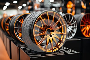 new car wheels with alloy rims are arranged in rows on the store shelf