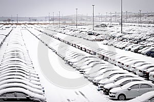 New cars covered with snow and parked in a distribution center on a cloudy day in the winter, a car factory