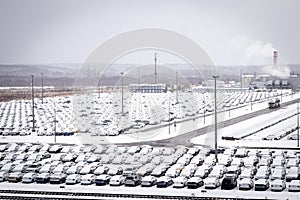 New cars covered with snow and parked in a distribution center on a cloudy day in the winter, a car factory