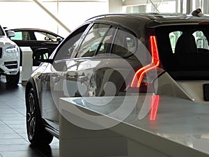 New cars exposed in the showroom of automobile dealer