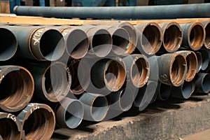 New cast iron pipes with for pipeline close up