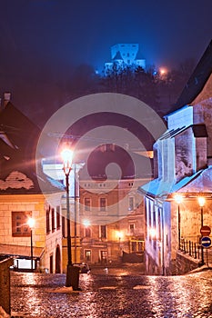 New Castle in Banska Stiavnica town during winter evening