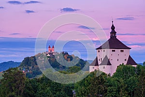 New castle and Calvary - autumn in Banska Stiavnica, Slovakia, UNESCO.