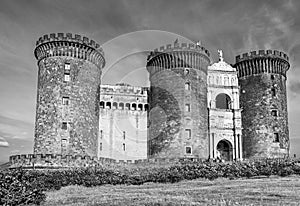 The New Castle in Naples Italy in black and white