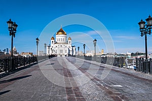 The new Cathedral of Christ the Saviour as viewed from the bridge over the Moscow River. Moscow. Russia.