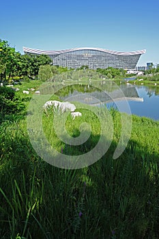 New Century Global Center, Chengdu, Sichuan, China against blue skies