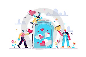 Support concept, flat tiny volunteer persons