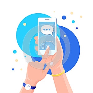 New chat messages notification on mobile phone. Sms bubbles on cellphone screen. People chatting. Vector flat design