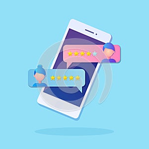 New chat messages notification on mobile phone. Sms bubbles on cellphone screen. Star rating. Client feedback, customer review.