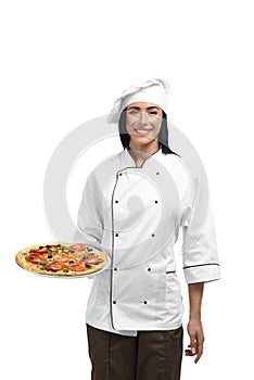 New chef of restaurant in working clothes with famous pizza.