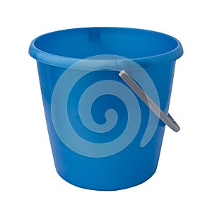 New, classic, plastic bucket. Light blue bucket isolated on a white background