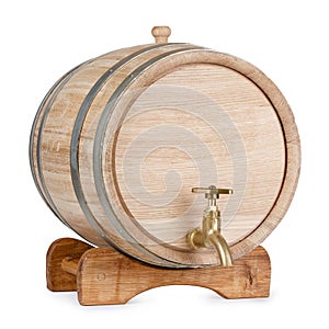 New clean oak wooden barrel on rack, isolated